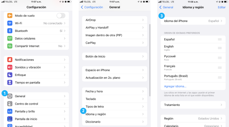 Screenshot 1, on the far left, shows the Settings menu with a dot over “General,” signaling this coincides with Step 1. In the middle, a screenshot of the General menu with a dot over “Idioma y region.” On the far right, the Idioma y region menu shows “Idioma del iPhone” at the top of the screen, with Español selected.