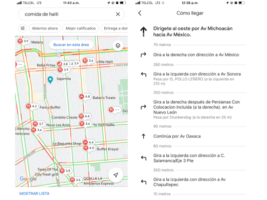 The left is a screenshot of a map, in the search bar it says “comida de haiti.” The map is in Spanish. On the right, a list of directions to a place in the Google Maps UI - all instructions are in Spanish.