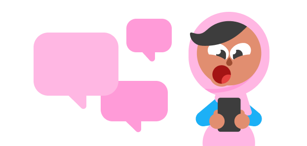 Illustration of Zari looking at her phone with a surprised expression and three speech bubbles next to her