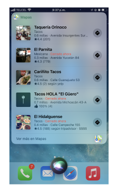 A list of Siri suggested places in response to “Donde se puede comprar tacos”