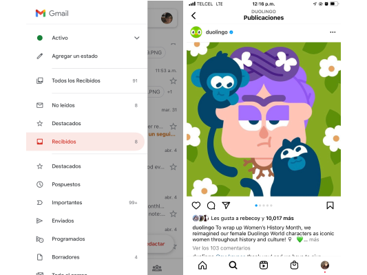 On the left, the Gmail menu is expanded to show all folders in Spanish. On the right, an Instagram feed shows a post from Duolingo.