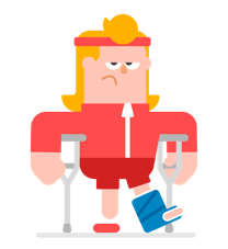 困り顔のエディのイラスト。松葉杖をついて立っており、足と足首と足裏はギブスで覆われている。