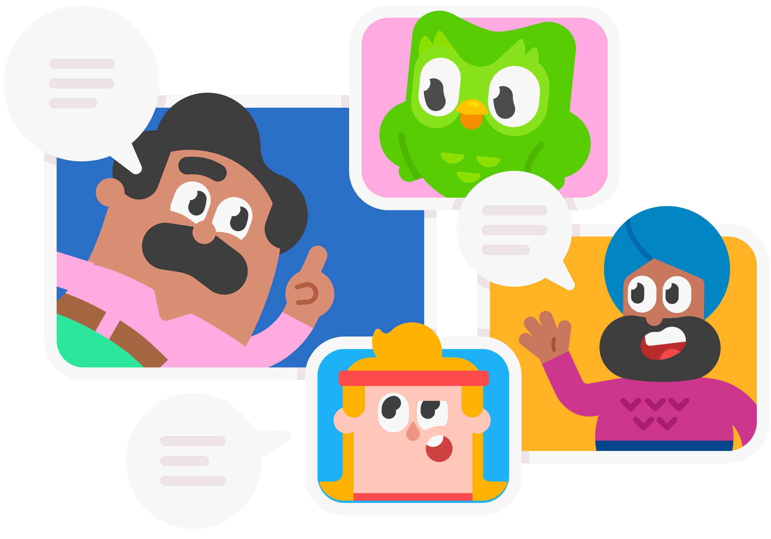 Duolingo characters in small boxes, each with a speech bubble to signal talking. Clockwise from top is: Duo, Vikram, Eddy, and Oscar.Personajes de Duolingo en pequeños cuadros, cada uno con un globo de diálogo para indicar que hablan. En el sentido de las agujas del reloj desde arriba aparecen: Duo, Vikram, Eddy y Óscar.