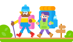 野宿の旅をする2人のイラスト。2人とも大きなバックパックを背負い、一人は杖を持ち、もう一人は寝袋を運んでいる。