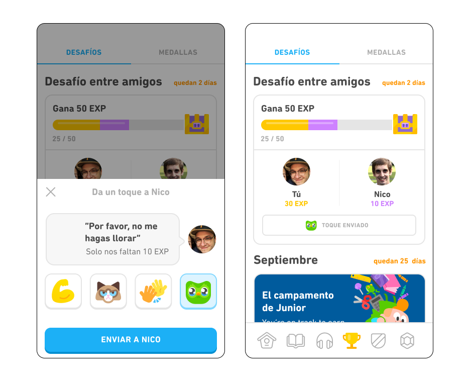 Dos capturas de pantalla que muestran el Desafío entre amigos, una muestra la opción de Enviar un toque en el botón de la parte inferior, y el otro muestra que el toque ya fue enviado.