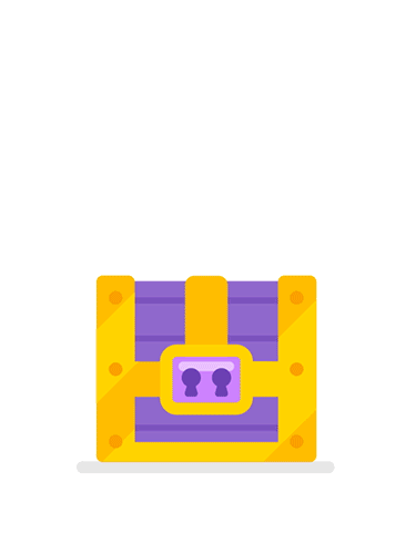Animation einer violetten Schatztruhe, die sich öffnet und Gems sowie einen XP-Booster enthält.