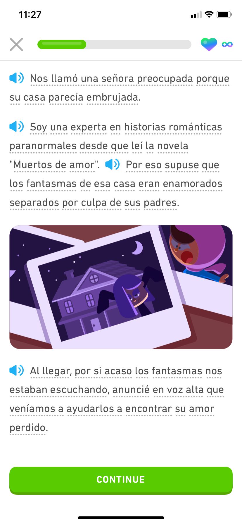 Screenshot of a new Story that is a journal entry from Lily and includes a picture of her at night in front of a dark house.