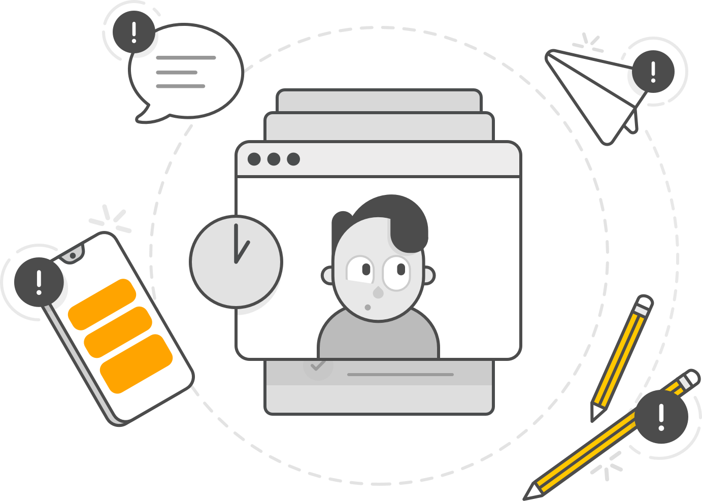 A test taker on a computer screen surrounded by floating items. From the top left: A speech bubble, a paper airplane, pencils and a phone.