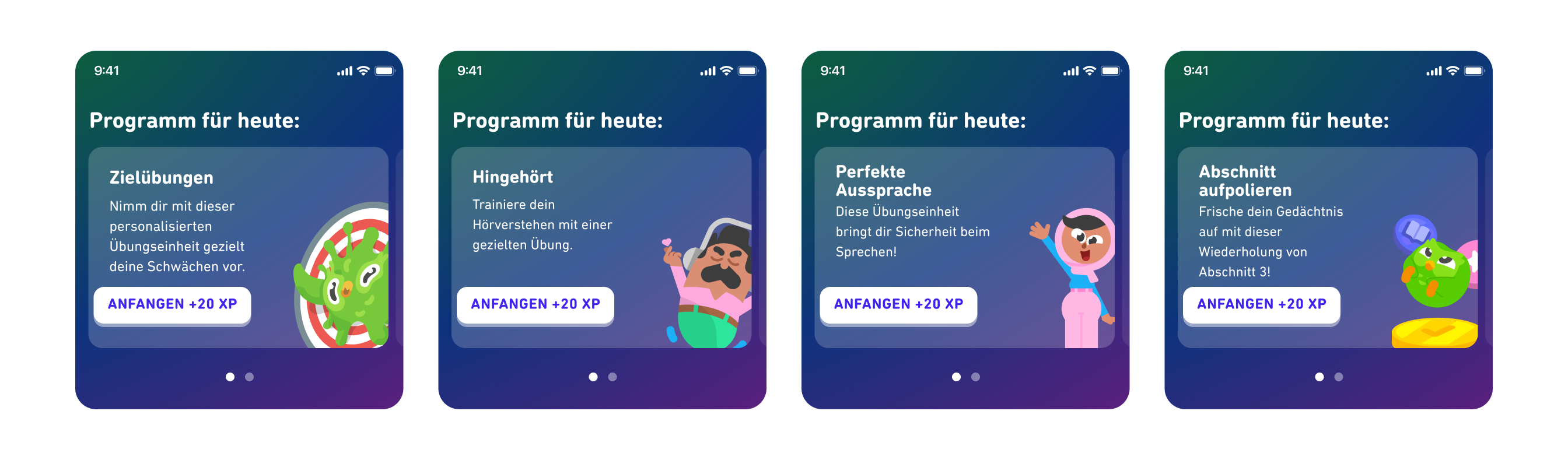 Darstellung aller 4 Übungsmodi Seite an Seite. Von links: Zielübung, Perfekte Aussprache, Hingehört, Abschnitt aufpolieren