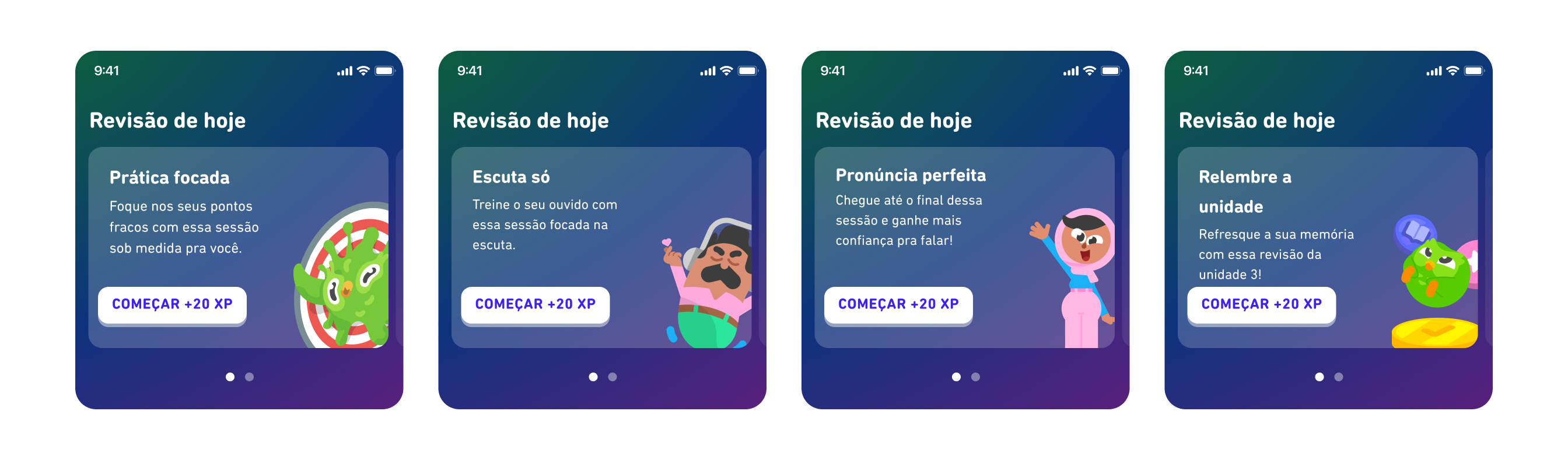 Todos os 4 modos de prática lado a lado. Da esquerda para a direita: Prática focada, Pronúncia perfeita, Escuta só e Relembre a unidade.