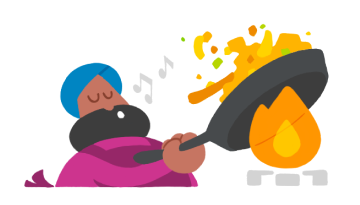 Vikram cocinando con una sartén sobre el fuego