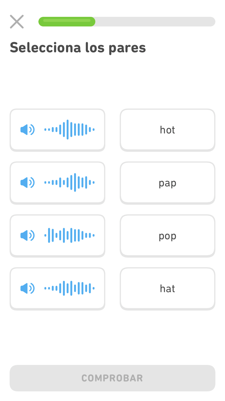 Captura de un ejercicio donde se tiene que formar pares con cuatro sonidos a la izquierda y cuatro palabras a la derecha
