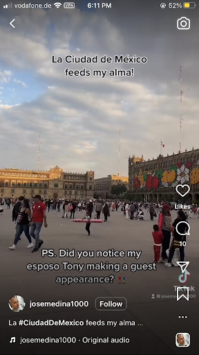 screenshot of an Instagram reel, which shows the central plaze in Mexico City. The text on the image says ‘La ciudad de México feeds my alma!’ and ‘PS. Did you notice my esposo Tony making a guest appearance?’