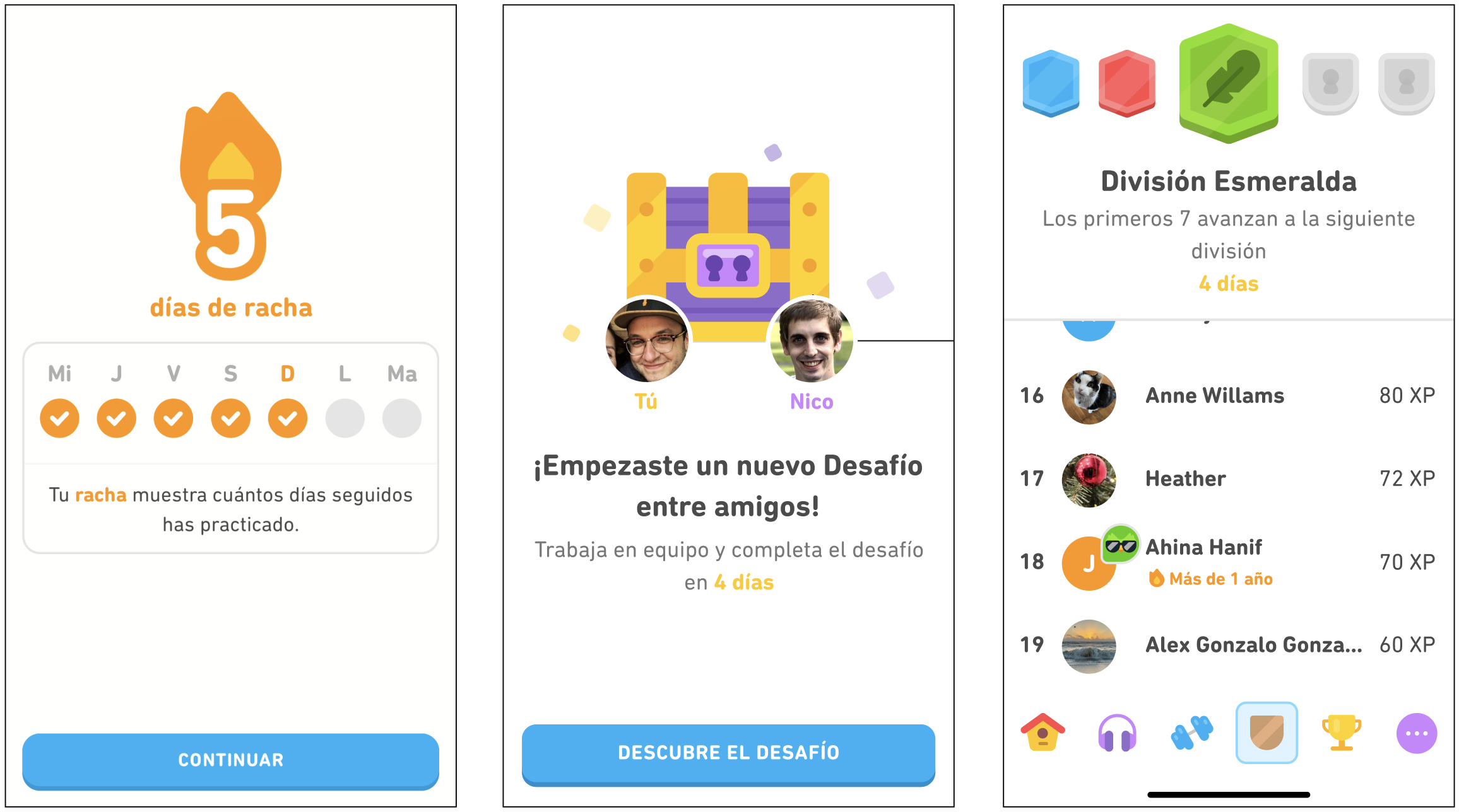 tres capturas de pantalla que demuestran cómo funciona la racha de Duolingo. La primera captura es de la aplicación de idiomas y muestra un número 5 envuelto en llamas con las palabras “cinco días de racha”. Debajo aparecen los días de la semana del domingo al sábado con marcas de verificación para los primeros cinco días. También aparece la explicación “Una racha muestra cuántos días seguidos has practicado”. Al final aparece un botón para continuar. La segunda captura de pantalla es del Desafío entre amigos y muestra los íconos de dos usuarios de Duolingo que acaban de iniciar un desafío juntos. Abajo aparece la frase “¡Empezaste un nuevo Desafío entre amigos! Trabaja en equipo y completa el desafío en 4 días”. La tercera captura de pantalla muestra el tablero de posiciones de la División Esmeralda.