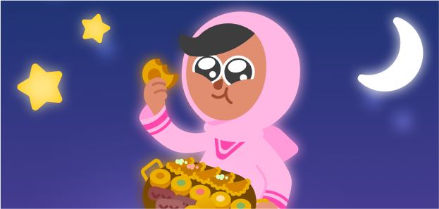 Ilustración del personaje de Duolingo Zari. Viste un hijab rosa y lleva en sus manos una bandeja llena de comida que incluye sambusas y dulces. Es de noche, y la luna y las estrellas se asoman detrás de ella.
