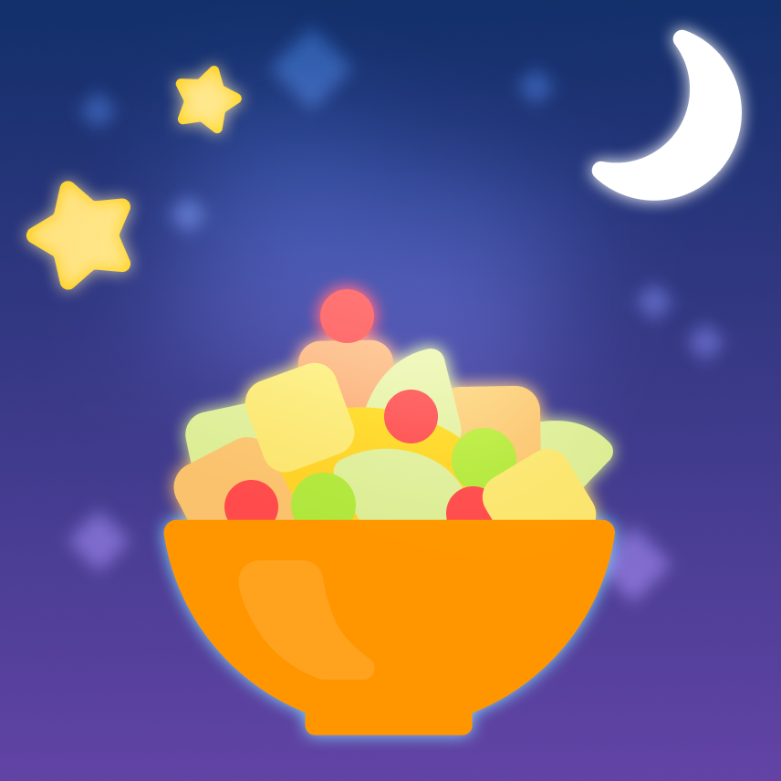 Ilustración de un cielo nocturno donde aparece un cuenco lleno de trozos cortados de frutas naranjas, amarillas y verdes, salpicadas de pequeñas cerezas
