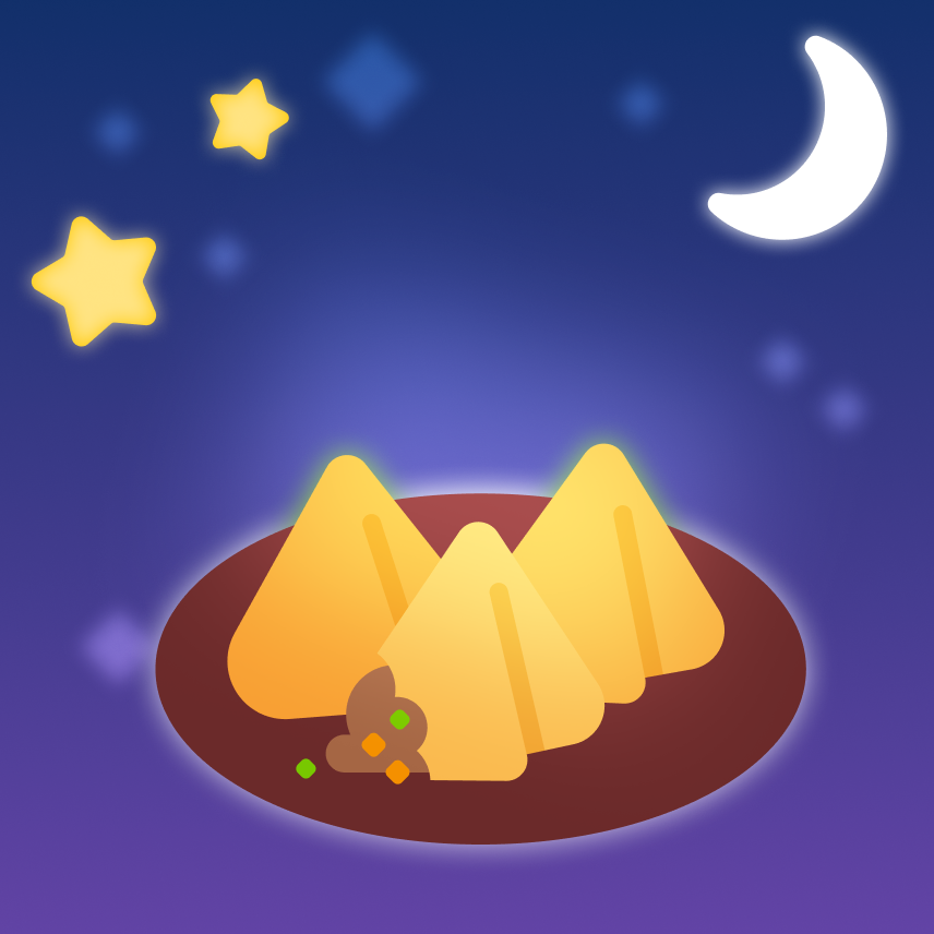 Ilustración de un cielo nocturno donde aparece un plato con tres triángulos fritos, con un poco de relleno asomando de uno