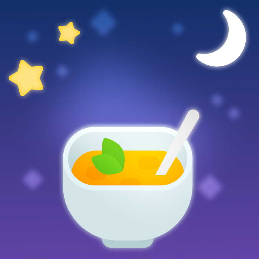 Ilustración de un cielo nocturno donde aparece un plato de sopa con una cuchara y hojitas verdes como guarnición encima