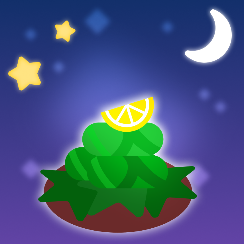 Ilustración de cielo nocturno donde aparece un plato con estrellas verdes planas y varias bolas verdes redondeadas apiladas. En la parte superior del montículo de warak enab hay una rodaja de limón.