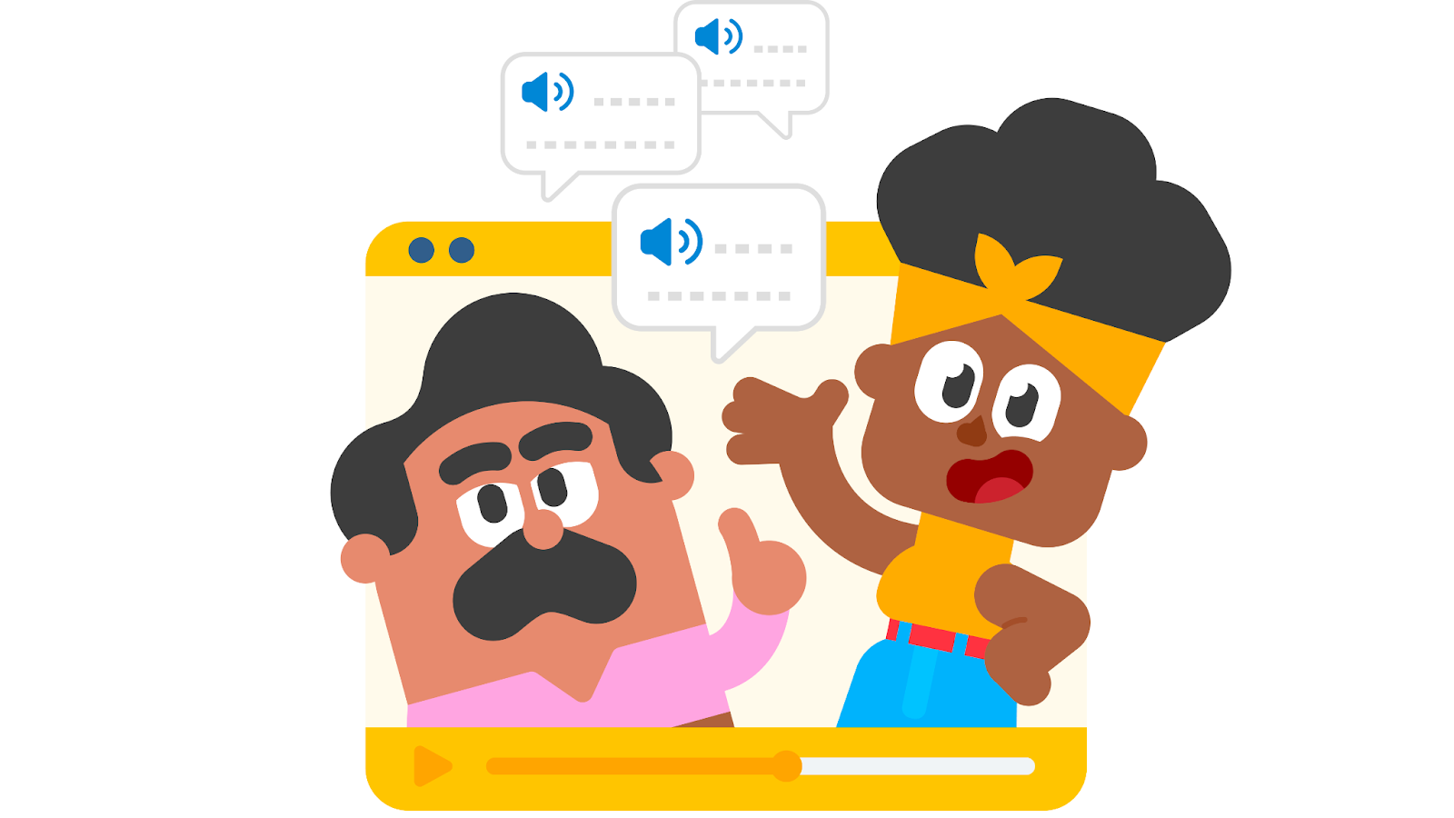 Os personagens Óscar e Bia, do Duolingo, saindo de uma tela de bate-papo por vídeo, com balões de diálogo flutuando entre eles.