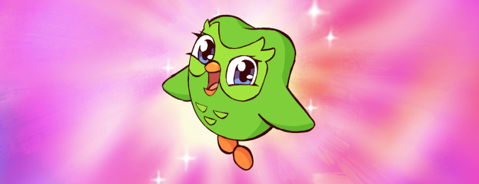 Ilustração da coruja do Duolingo em estilo anime saindo de um plano de fundo brilhante rosa e roxo, com ares de sonho.