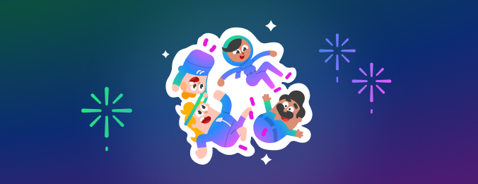 Oscar, Zari, Junior, and Eddy floating in a circle in space with fireworks around them