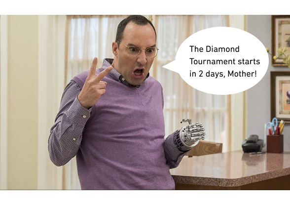Still shot of "Arrested Development" of Buster looking extremely agitated with a speech bubble that says "The Diamond Tournament starts in 2 days, Mother!"