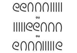 3 linhas de numerais egípcios, todos com o mesmo valor (235). A primeira linha é composta por 2 espirais, 3 arcos e 5 linhas retas. A segunda é composta por 5 linhas retas, 2 espirais e 3 arcos. A terceira é composta por 1 espiral, 3 arcos, 5 linhas e mais 1 espiral.