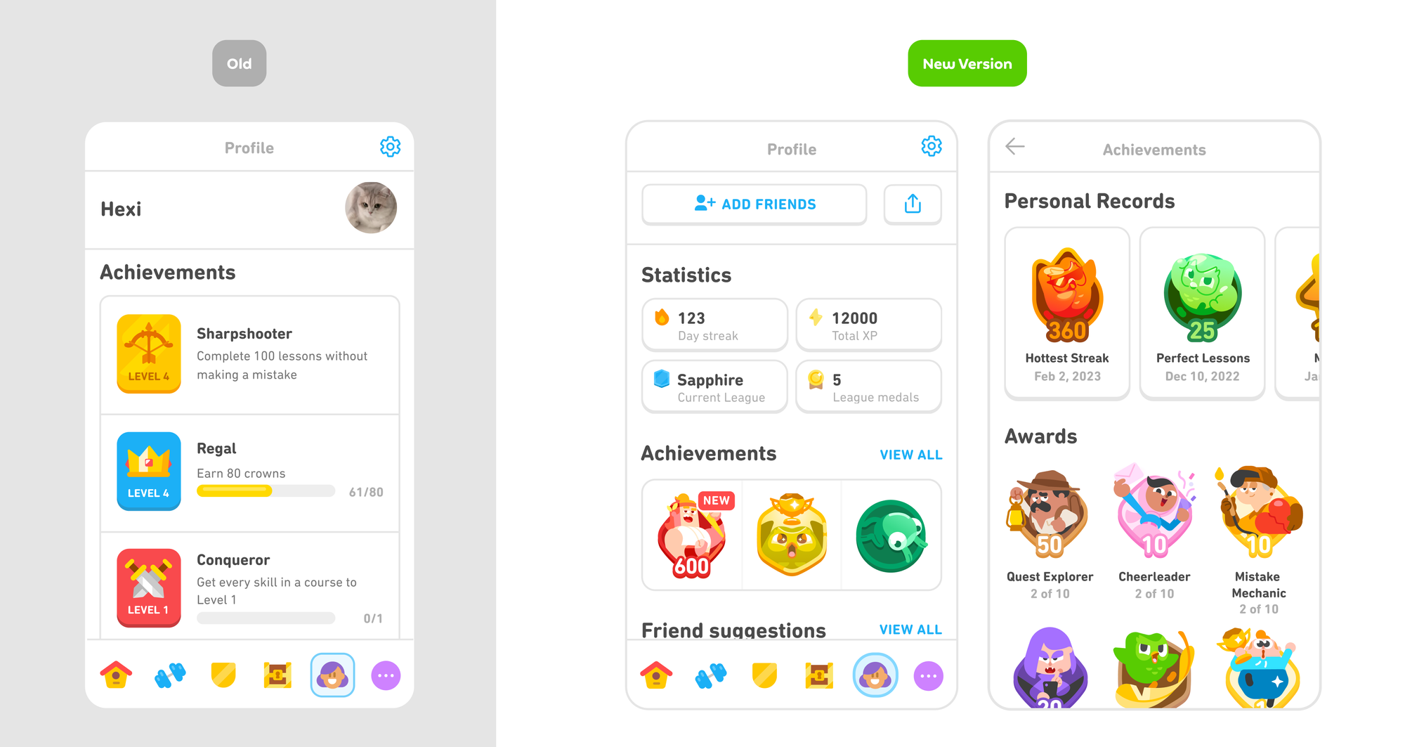 A before and after showing old badges and new. On the left, Old badges (Sharpshooter, Regal, and Conquerer) on a user's profile. On the right, the profile screen shows a wider selection of badges, including Personal Records and Awards, with new designs featuring world characters.