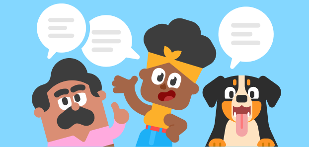 Duolingo characters Oscar, Bea, and a dog all facing forward with speech bubbles above their mouths