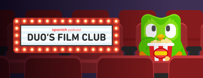 An image of Duo sitting in a theater eating popcorn. Next to him, a lit-up marquee sign reads DUO'S FILM CLUB
