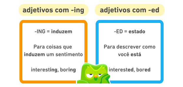 Ilustração com uma caixa laranja à esquerda intitulada “adjetivos com -ing” e uma caixa azul à direita intitulada “adjetivos com -ed”. Adjetivos com ING = induzem. São usados para descrever coisas que induzem você a se sentir de alguma forma, como algo interessante (interesting) ou entediante (boring). Adjetivos com ED = estado. São usados para descrever o seu estado, como interessado (interested) ou entediado (bored). Há uma imagem do Duo, a coruja, parecendo tomado pelo tédio.