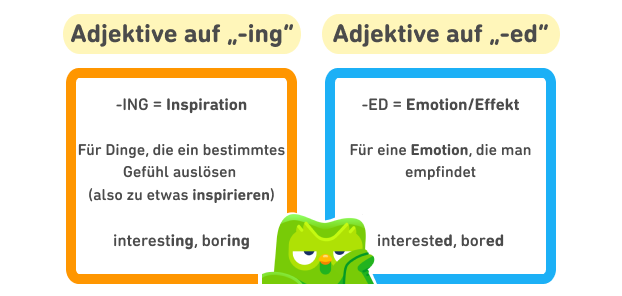 Abbildung mit einem orangen Kasten mit der Überschrift „-ing adjectives“ auf der linken Seite und einem blauen Kasten mit der Überschrift „-ed adjectives“ auf der rechten Seite. In dem orangefarbenen Kasten steht: -ING = Inspiration. ING-Adjektive stehen für Dinge, die ein Gefühl hervorrufen, zum Beispiel, wenn uns etwas interessant oder langweilig erscheint. Im blauen Kasten steht: -ED = Emotion. ED-Adjektive stehen für eine Emotion, die man empfindet, wie wenn man interessiert ist oder sich gelangweilt fühlt. Zwischen den beiden Kästen ist Duo abgebildet, der sehr gelangweilt aussieht.