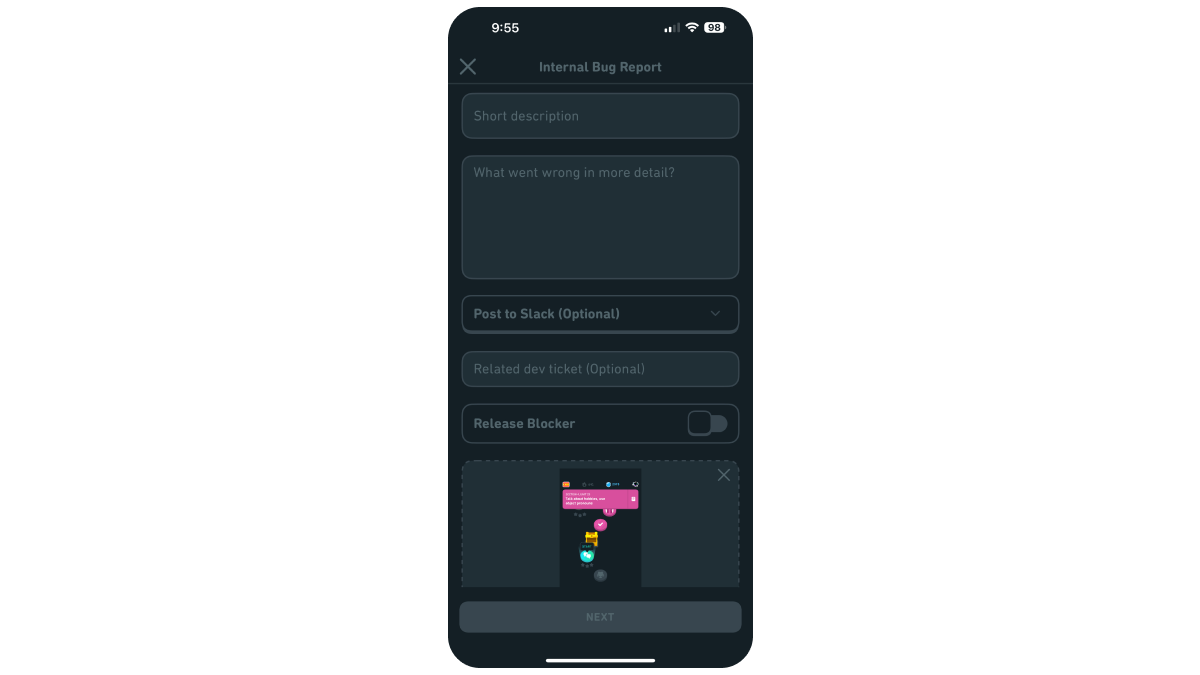 A phone screen of an internal bug report. Fields include: short description, explanation of what went wrong (in detail), related dev ticket, and whether or not its a release blocker.