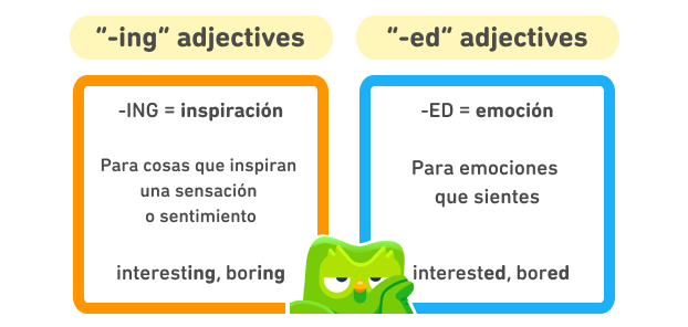 ilustración de dos cuadros. El cuadro de la izquierda es anaranjado y lleva el título “-ing” adjectives. Contiene la oración “-ING = Inspiración”, la explicación “Para cosas que inspiran una sensación o sentimiento” y dos palabras de ejemplo: interesting y boring. El cuadro de la derecha es azul y lleva el título “-ed” adjectives. Contiene la oración “-ES = emoción”, la explicación “Para emociones que sientes” y dos palabras de ejemplo: interested y bored.
