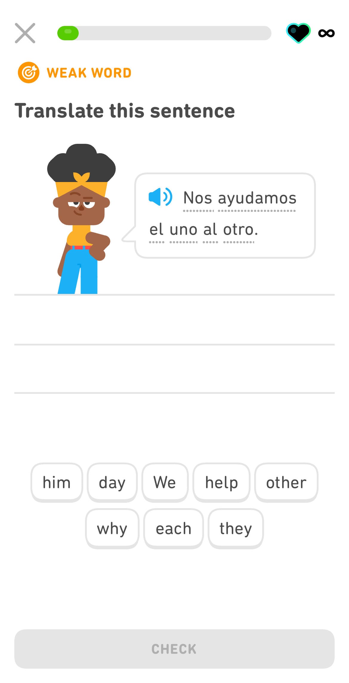 Screenshot of a personal practice lesson with an exercise marked 'WEAK WORD' in orange.