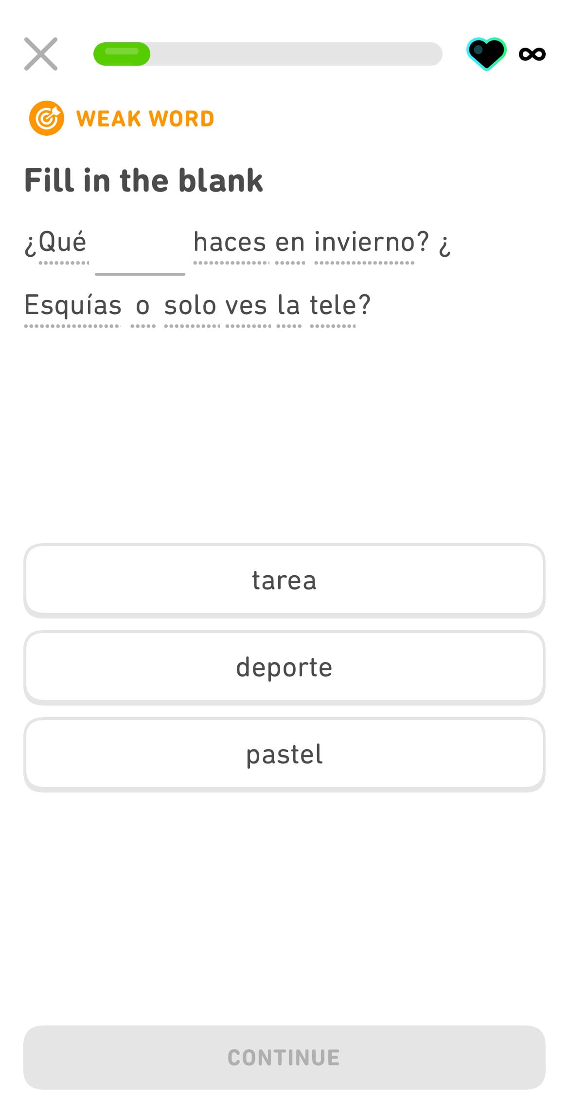 A second screenshot of a different exercise from a personal practice lesson, also marked with 'WEAK WORD' in orange.