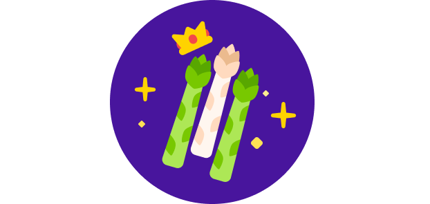 Ilustração de 3 talos de aspargo, 2 verdes e 1 branco, rodeados de brilho. Há uma pequena coroa flutuando acima de um dos talos.