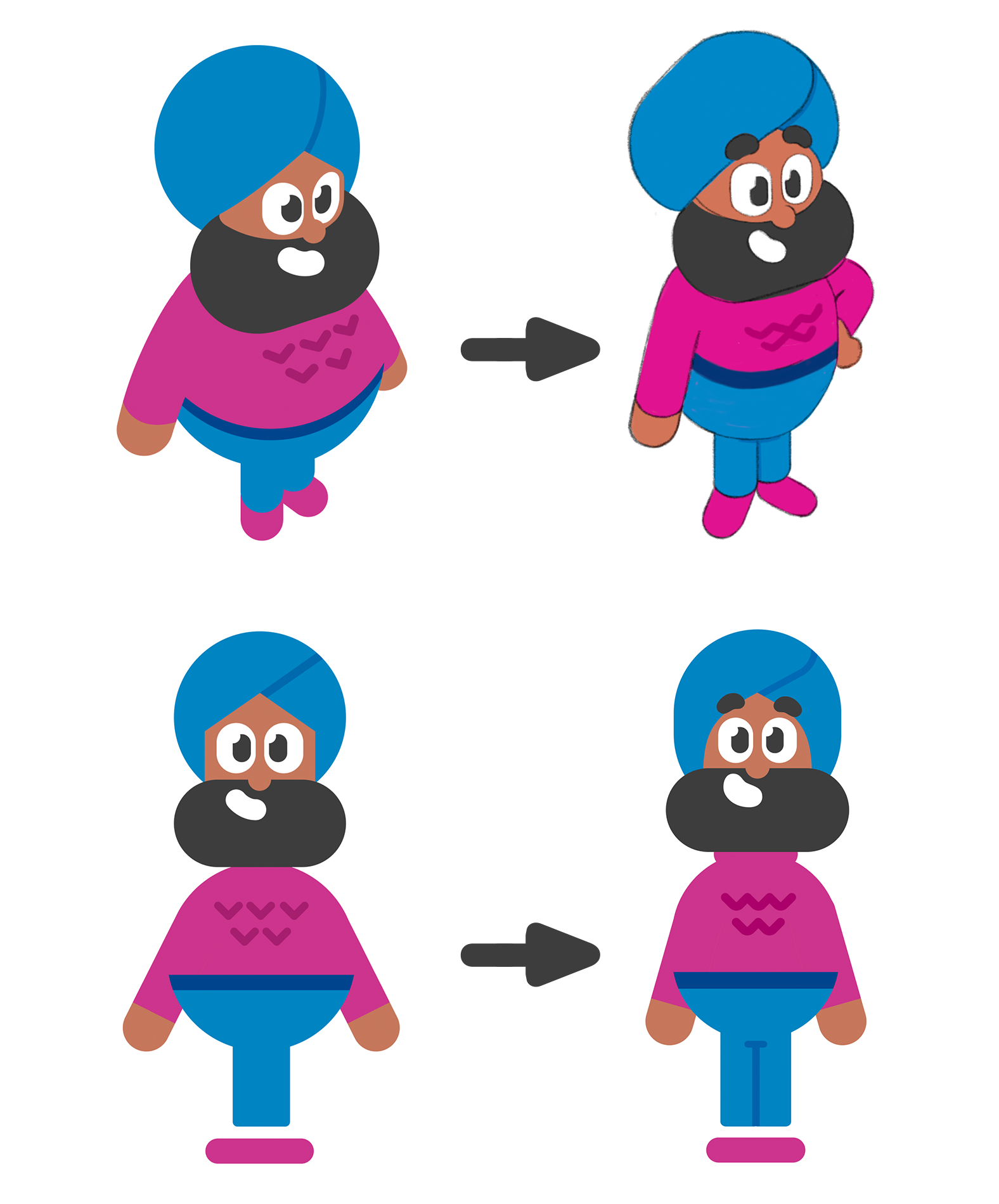 Isometric point of view of Vikram and front facing Vikram showing the old design, with arrow in the middle pointing to the new design in the same points of view.