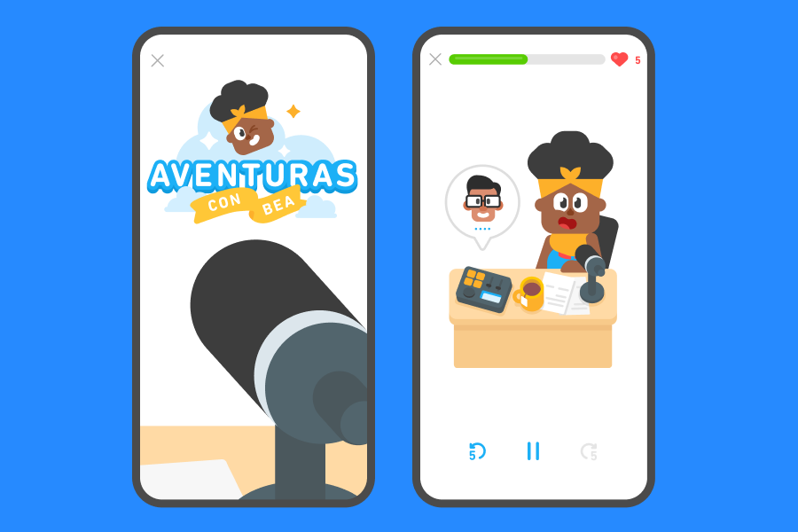 Illustration 2 DuoRadio screenshots, the first reads "Aventuras con Bea" and the second shows Bea recording a radio episode.