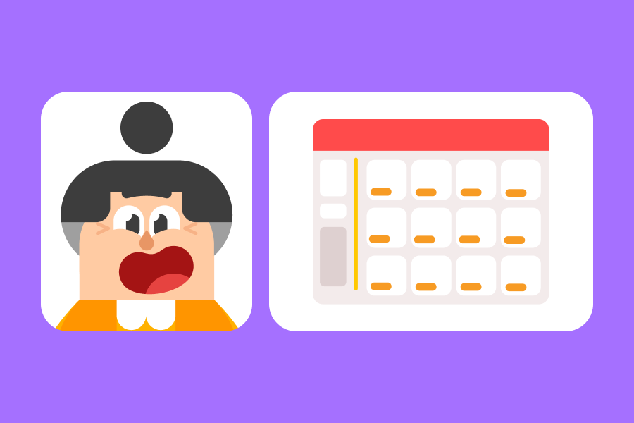 Illustration of Lucy with her mouth open in excitement next to an illustration of a calendar