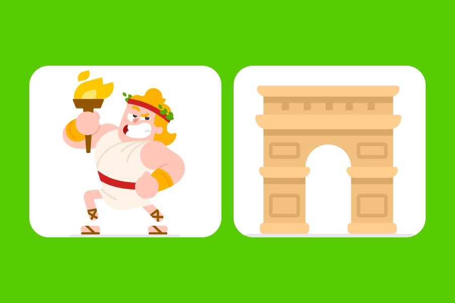 Illustration of Eddy dressed as an Ancient Greek Olympian next to the Arc de Triomphe in Paris