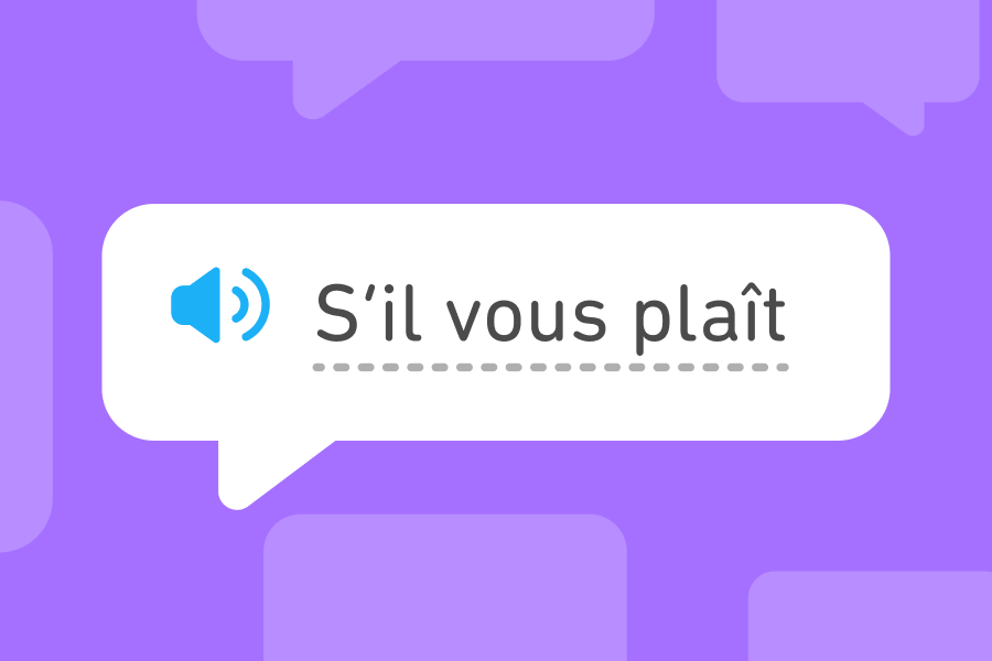 Illustration of a speech bubble on a purple background that says "S'il vous plaît" in French