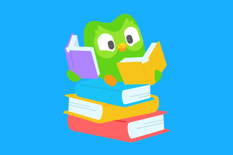 Illustration of Duo sitting on a pile of books. He is holding open two more books and is reading one of them.