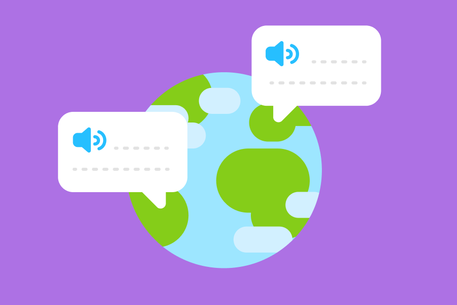 Illustration of the globe with two speech bubbles coming from different continents