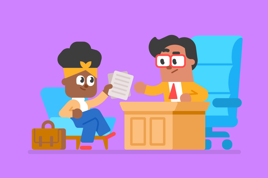 Illustration of Bea with a briefcase handing her resume to a man at a desk