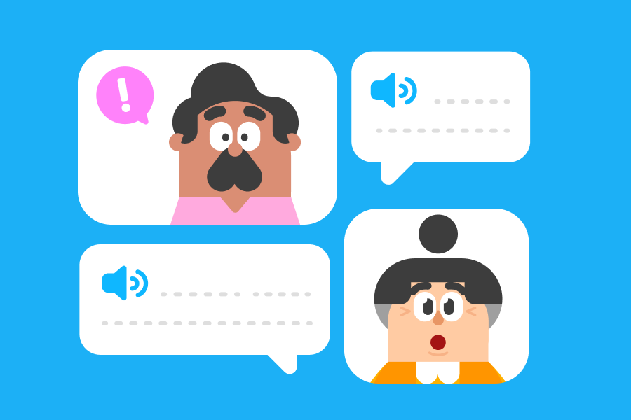 Illustration of a speech bubble from Oscar, who looks shocked, following by a speech bubble from Lucy who looks surprised