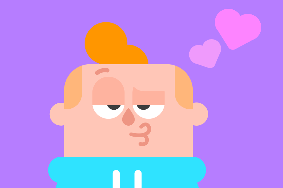 Illustration of Junior pursing his lips, looking romantic, with hearts floating above his head