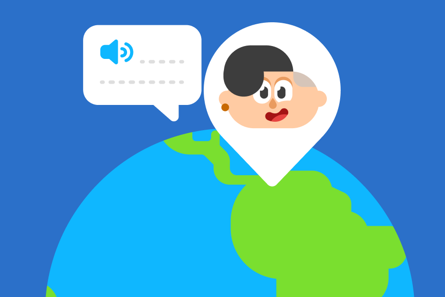 Illustration of Lin and a speech bubble hovering over Central and South America