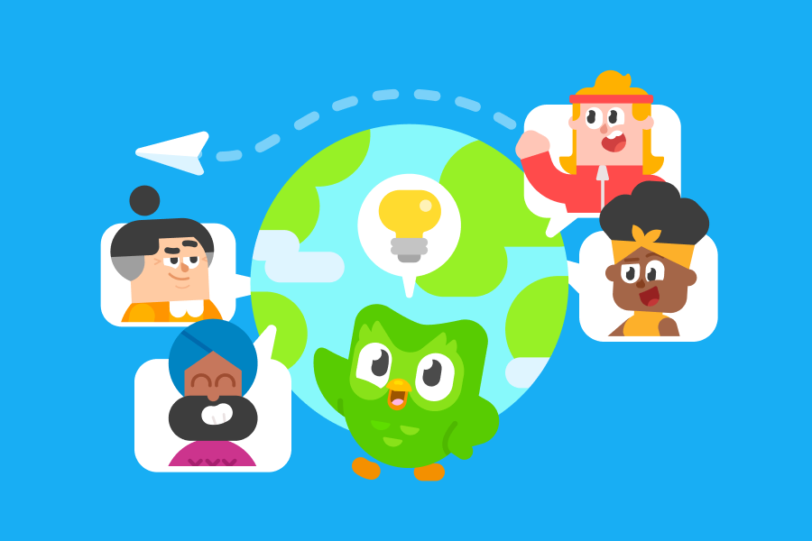 Illustration of Duo, Lucy, Vikram, Eddy, and Bea in speech bubbles all around the globe.